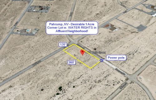 Pahrump, NV - Desirable 1 Acre Corner Lot w. WATER RIGHTS, Power to Property in Growing Neighborhood, Can Build Now or Hold for Increased Value!
