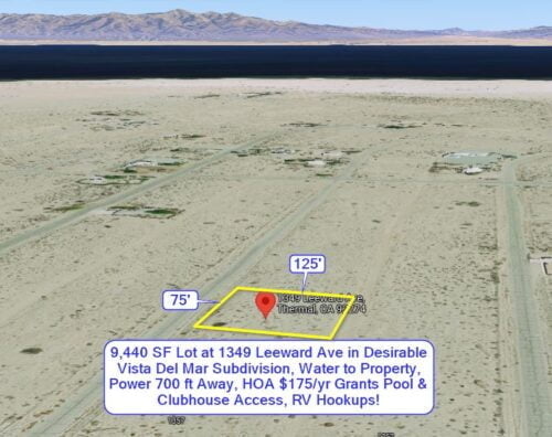 Salton City, CA – 9,440 SF Lot at 1349 Leeward Ave in Desirable Vista Del Mar Subdivision, Water to Property, Power 700 ft Away, HOA $175/yr Grants Pool & Clubhouse Access, RV Hookups!